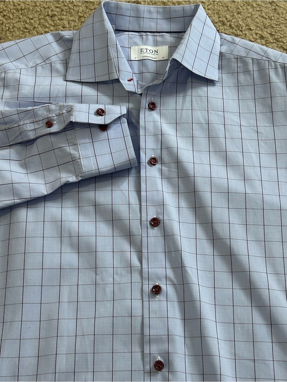 Eton Contemporary Fit Poplin DressShirt Men's 41 16 Blue Check Red Button Cotton